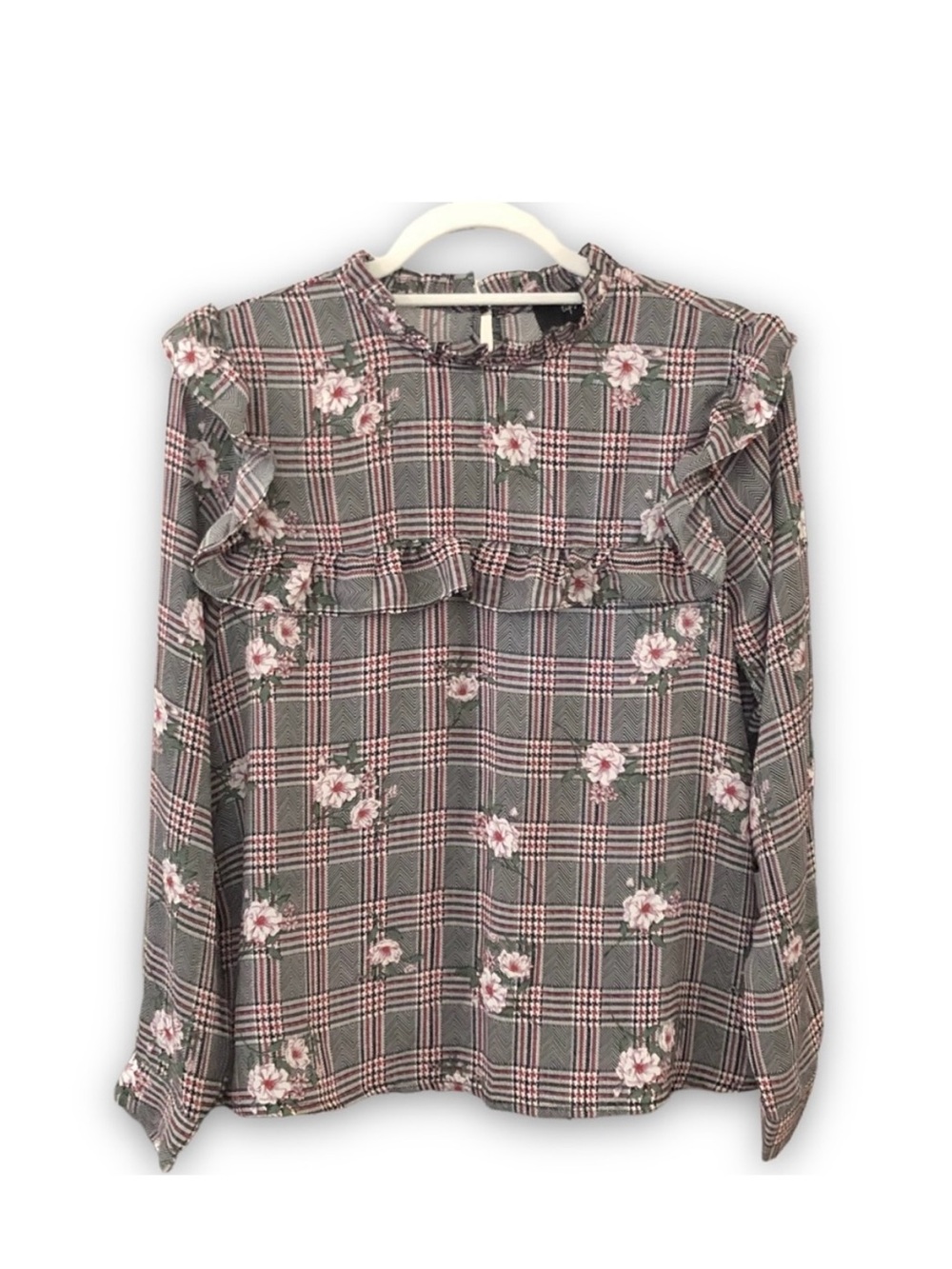 Women’s Plaid Ruffle Floral Blouse - Pink/Gray